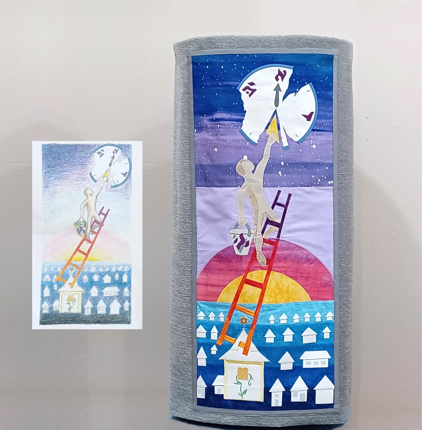 Torah cover artwork and finished torah cover side by side